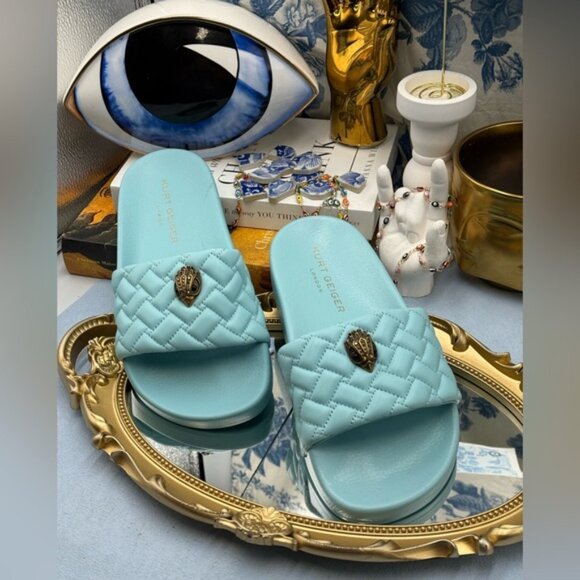 🆕 KURT GEIGER LONDON 🧿 NWOB Meena Eagle Quilted Slides, Blue - Sz EU 37 US 7 - Picture 4 of 14